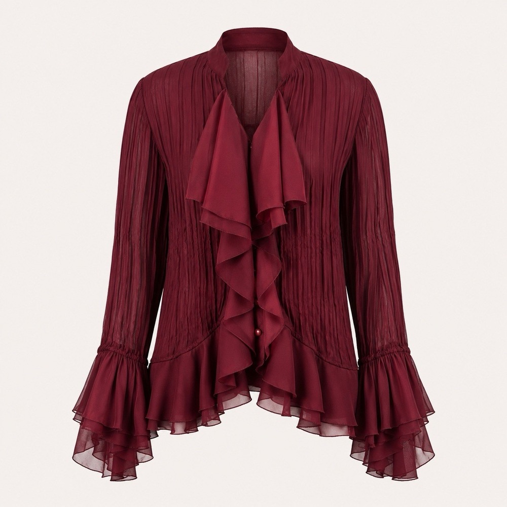 Vtg Y2K Burgundy Whimsigoth Top 22W Sheer Ruffle Bell Sleeve Ren Faire Goth